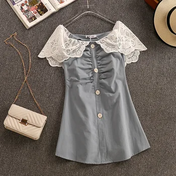 

Off Shoulder Top Women Blouses Solid Lace Slash Neck Short Sleeve Button Hollow Out Zippers Vintage Office Lady Casual Shirt