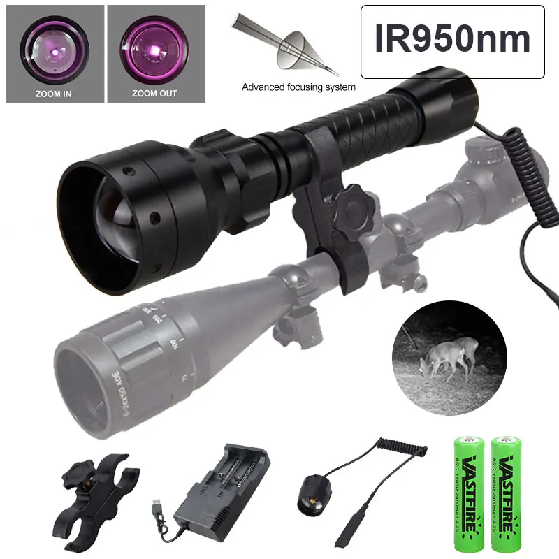 Zoomable Adjustable IR 850nm/940nm Infrared Light Hunting Flashlight Black Night Vision Torch+18650 Battery+Rifle Scope Mount pocket flashlights Flashlights