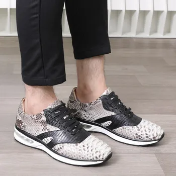 

Mens Top Casual Quality Real Python Leahter Lace Up Joggers Genuine Leather Sneakers Platform Flats Tenis Trainers Shoes