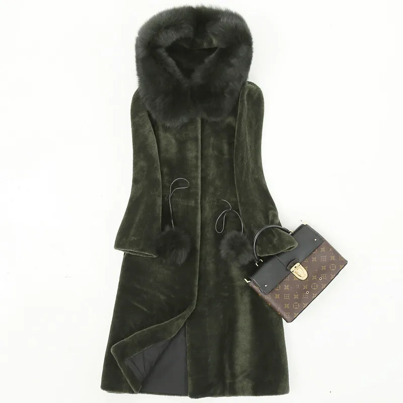 

Coat Fur Real Female Natural Sheep Shearing Overcoat With Genuine Fox Fur Collar Hooded Wool Winter Jacket Women WYQ835