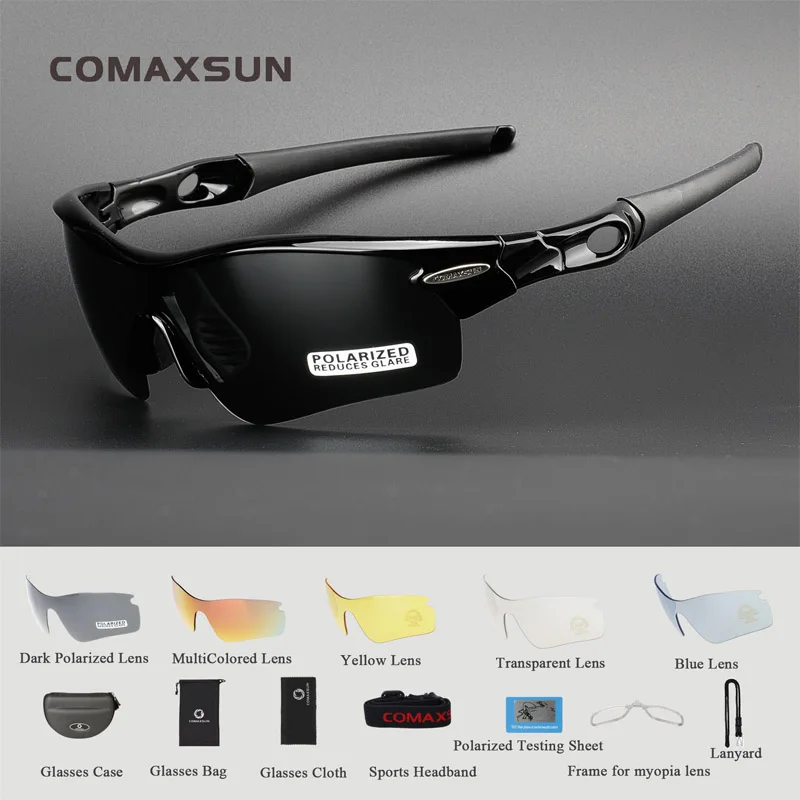COMAXSUN, Профессиональные поляризованные велосипедные очки, велосипедные очки, для спорта на открытом воздухе, велосипедные солнцезащитные очки, UV 400, с 5 линзами, TR90, 10 цветов - Цвет: Style 2 Black