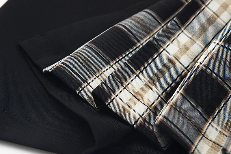 [EAM] Women Black Brief Plaid Stitch Temperament Dress New Lapel Long Sleeve Loose Fit Fashion Tide Spring Autumn 2020 1Z704