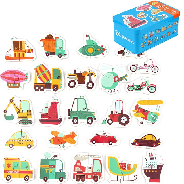 Wooden Learning Card Puzzles Toy Early Educational Toy Cartoon Traffic Animal Fruit With Iron Box Kids Cognitive Puzzle Baby Toy 4