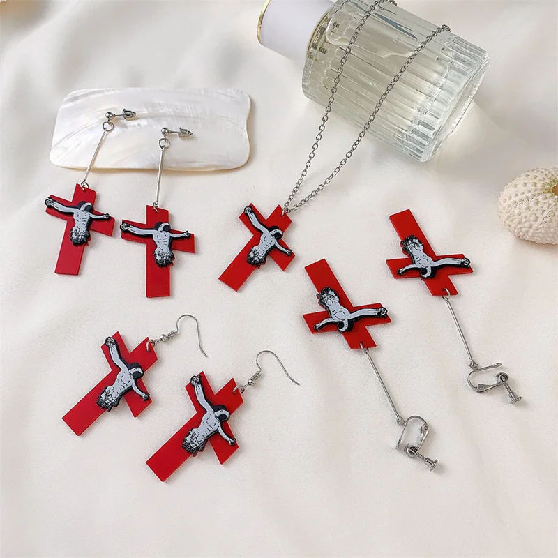 Cross Jesus Acrylic Earrings Exaggerated Big Red Dangle Earrings Women Men Night Club Street Party Jewelry
