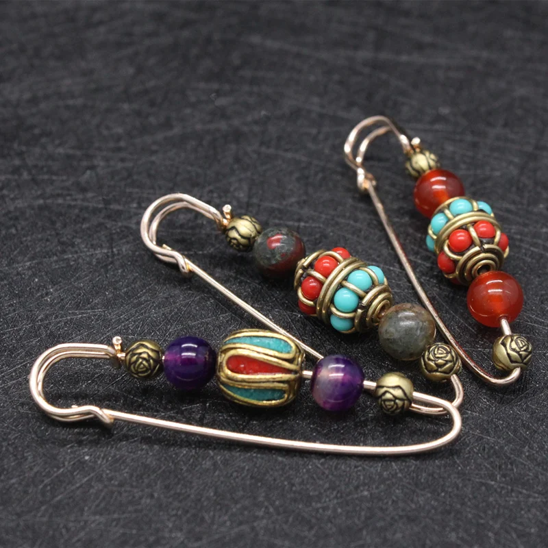 

Vintage Bronze Natural Agate Stone Beads Brooches Pin Decoration Scarf Sweater Buckle Safety Jewelry Brooch for Men Women Broche