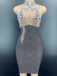 Fashion Multicolor Rhinestone Pearls Party Dress Women Sexy Birthday Prom Bodycon Dress Club Dancer Short Dress Stage Costumes