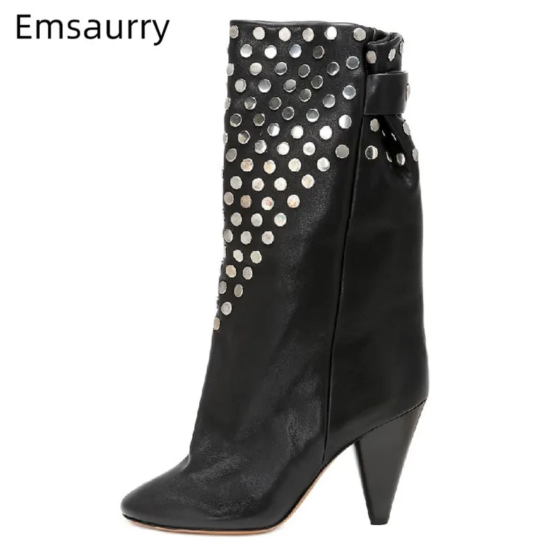 

V-shape Rivet Boots Women High Cone Heel Back Button Party Bottes Round Toe Mid Calf Autumn Botas Black Real Leather Boots Women