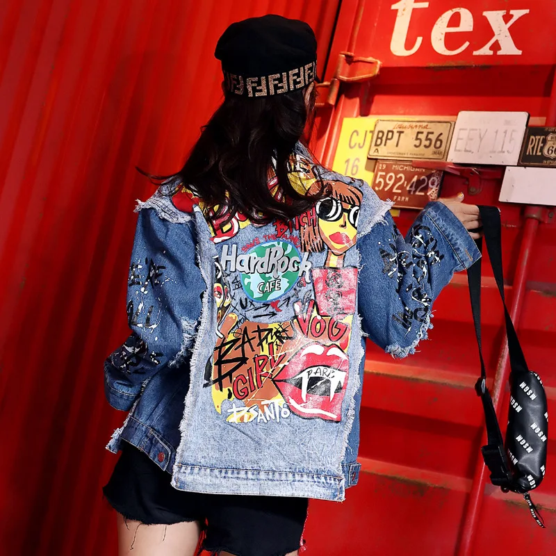 

2018 Punk Style Fashion Cartoon Letter Print Women Jacket Denim Coat Women Bomber Jacket Baseball Oversize Jacket Tops For Women