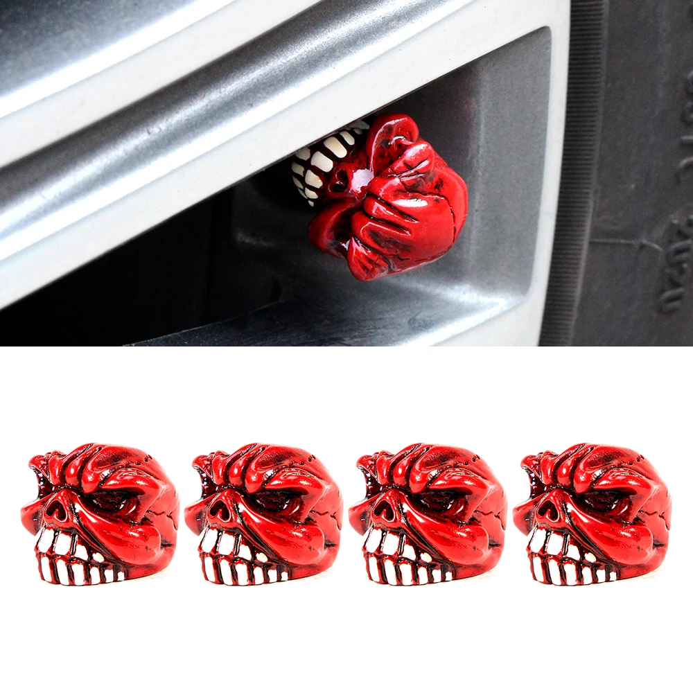 Set of 4 Skull Design Tire Valve Dust Caps for Vehicles and Bicycles