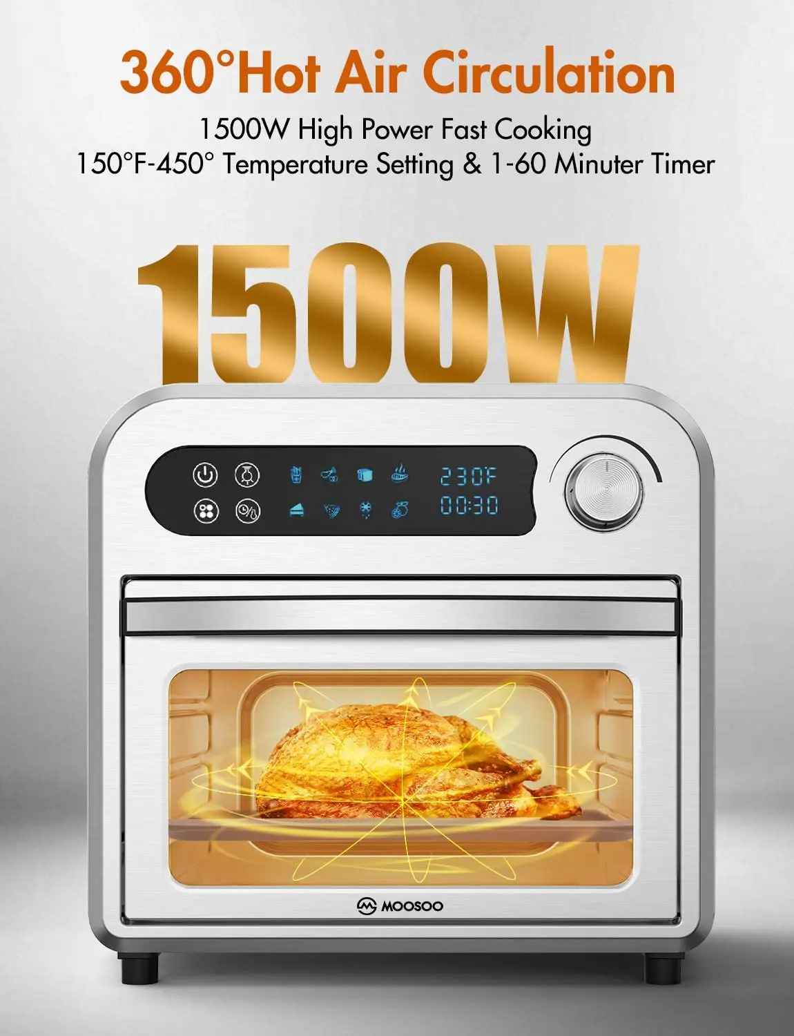 MOOSOO Air Fryer Oven 10.6 QT Air Fryer Toaster Oven Combo with Digital Screen 8 in 1 Convection Oven Mechanical Timer Control - Image 3