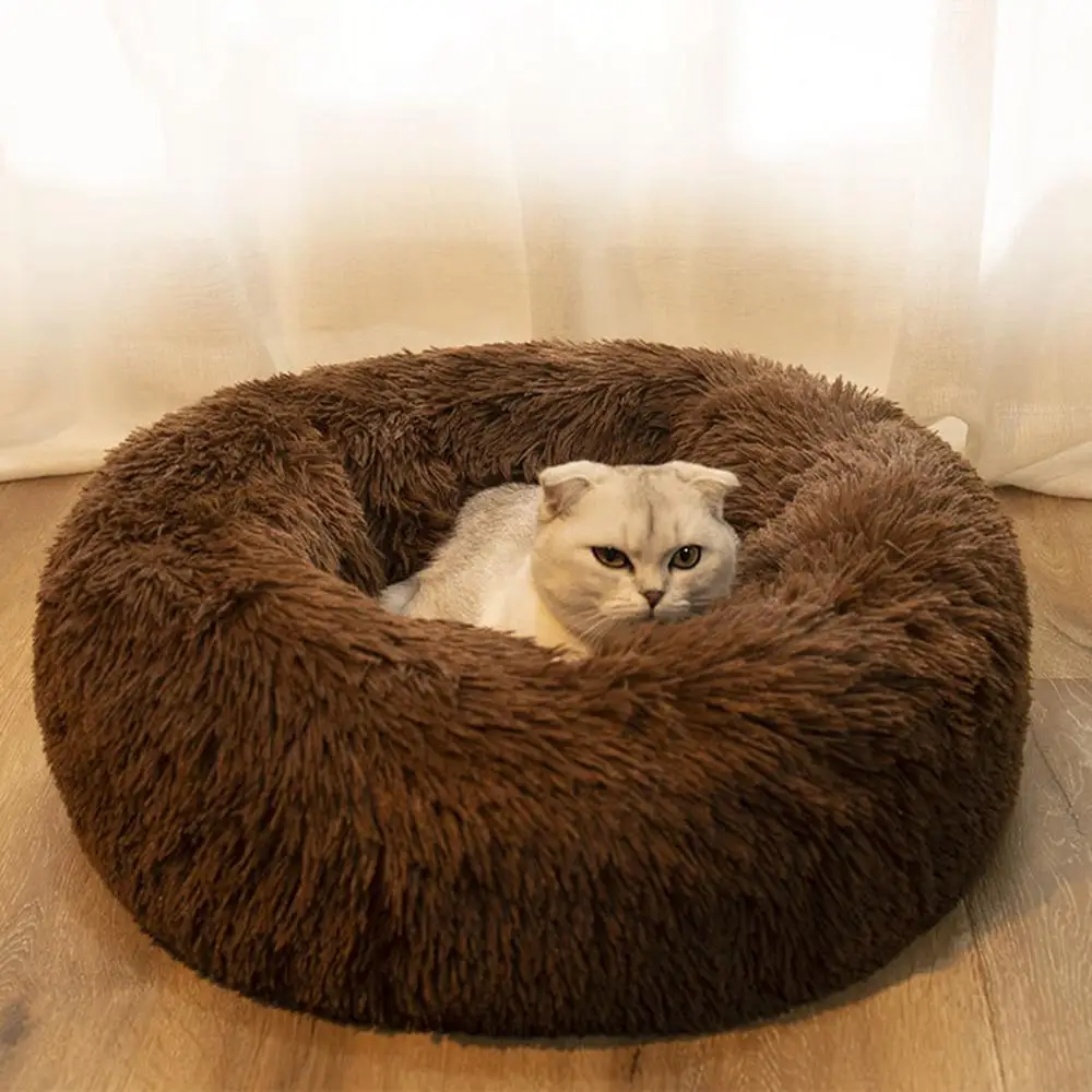 Round Dog Bed Cat Kennel Long Plush Soft Pet Bed House Puppy Dog House Mat Round Shape Soft Plush Comfortable Pet Cushion Nest