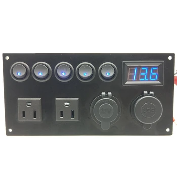 

LED Marine Boat Switch Panel 12V 24V 5 Gang On-Off Toggle Panel USB Charger Socket Voltmeter US Plug Power Outlet