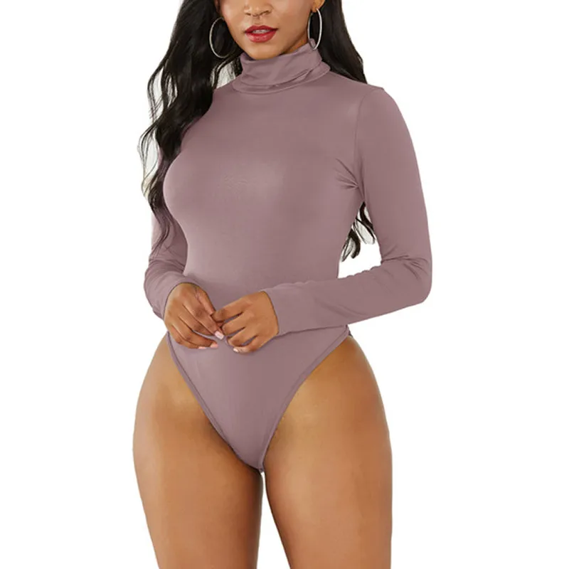 apricot bodysuit Женское сексуальное боди с длинным рукавом на осень и зиму, Женское боди с высоким воротом, женский сексуальный комбинезон, облегающий модный однотонный боди - Цвет: apricot bodysuit