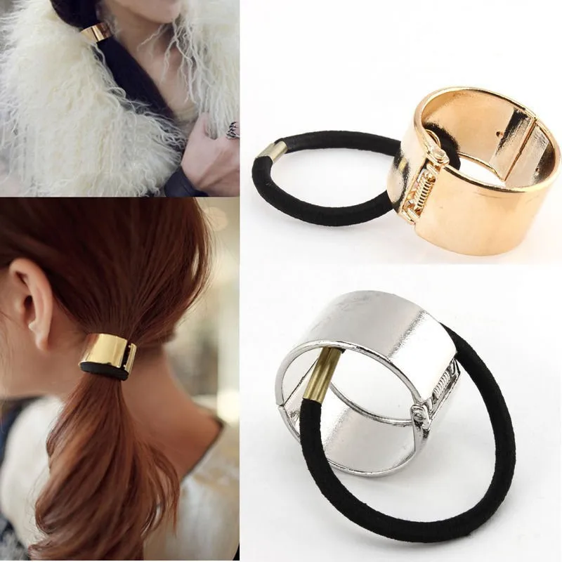 Pony Tail Metallic Silver & Gold Chic Hair Band Cuff Ponytail Holder Punk Cute 