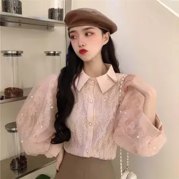 

Sweet Lace Mash 2020 Spring Autumn Women's Clothing Tops Korean Fashion Peter Pan Collar Blouse Ladies Shirts r2458