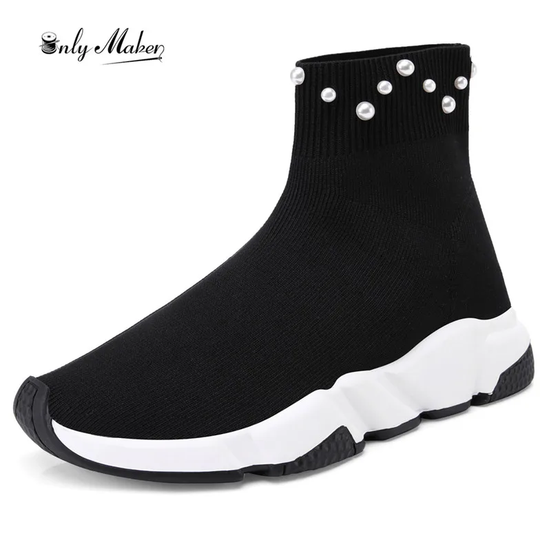 

Onlymaker Womens and Mens High-Top Stretchy Knitting Sock Black Sneakers Pearl Studded Casual Walking Shoes Big Size