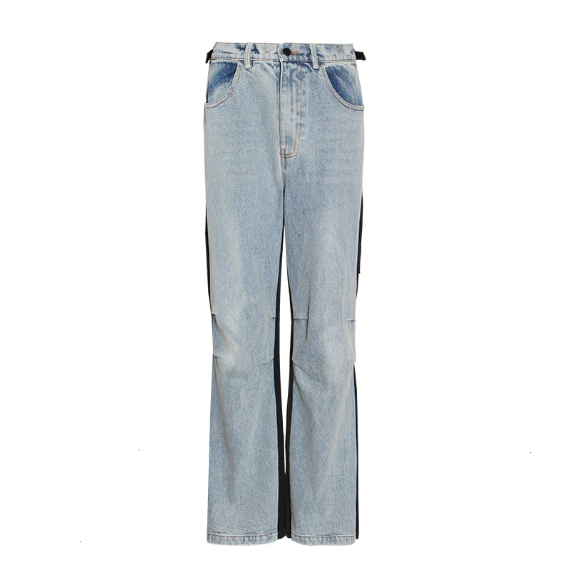 Streetwear Patchwork Washed Vintage Denim Trouser For Women Jeans Female Loose Straight Pants Autumn Fashion New D021 - Color: Blue