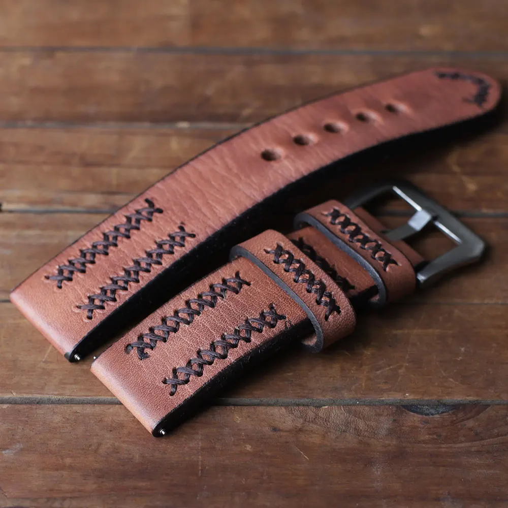 Vintage Handmade Watch Strap 24mm Genuine Leather Watchband Wristband For Men Watch Accessories With Stainless Steel Buckle