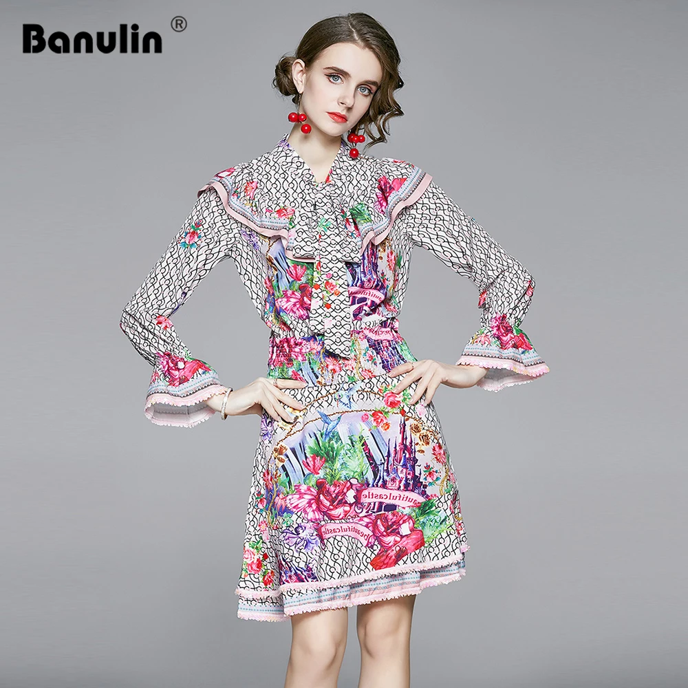 

Banulin 2020 Autumn Fashion Designer Runway Skirt Sets Women's Bow Collar Ruffles Print Shirt and Vintage Skirts Two Pieces Suit