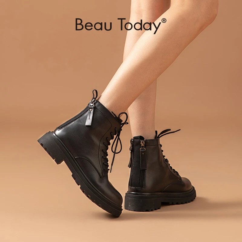 Botines de piel de vaca auténtica para mujer, botas con doble cremallera trasera, zapatos de moto de gruesa hechos a mano, 04036| Botas hasta el tobillo| - AliExpress
