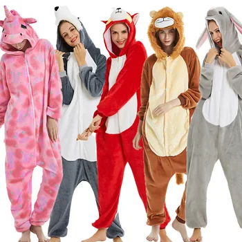 

2020 Unicorn Pajamas Onesie Animal Women Stitch Adult Hooded Sleepwear Winter Flannel Christmas Deer Shark Unicornio Pijamas