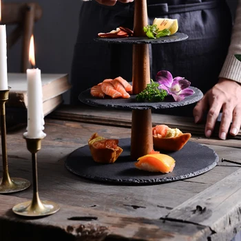 

Japanese Rock Three-Layer Plate and Wind Sushi Dessert Tray Plate Multi-Layer Cake Plate Hotel Plate