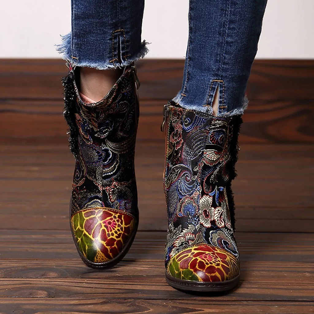 

Hot Sale Women's Boots Embossed Splicing Pattern Stitching Zipper High Heel Ankle Boot Thick Heel Coturno Feminino Bota Femenina