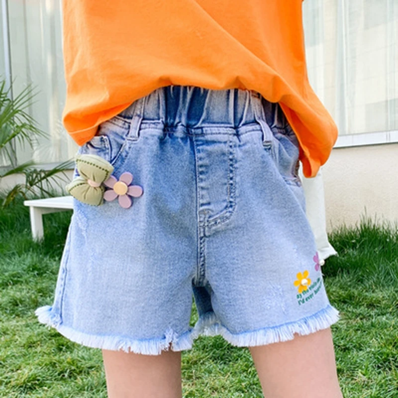 Nuevas chicas pantalones cortos Denim adolescente verano Pantalones corto de niño de ropa de diseño de flores pantalones cortos ropa para adolescentes 120 170 niños|Pantalones cortos| AliExpress