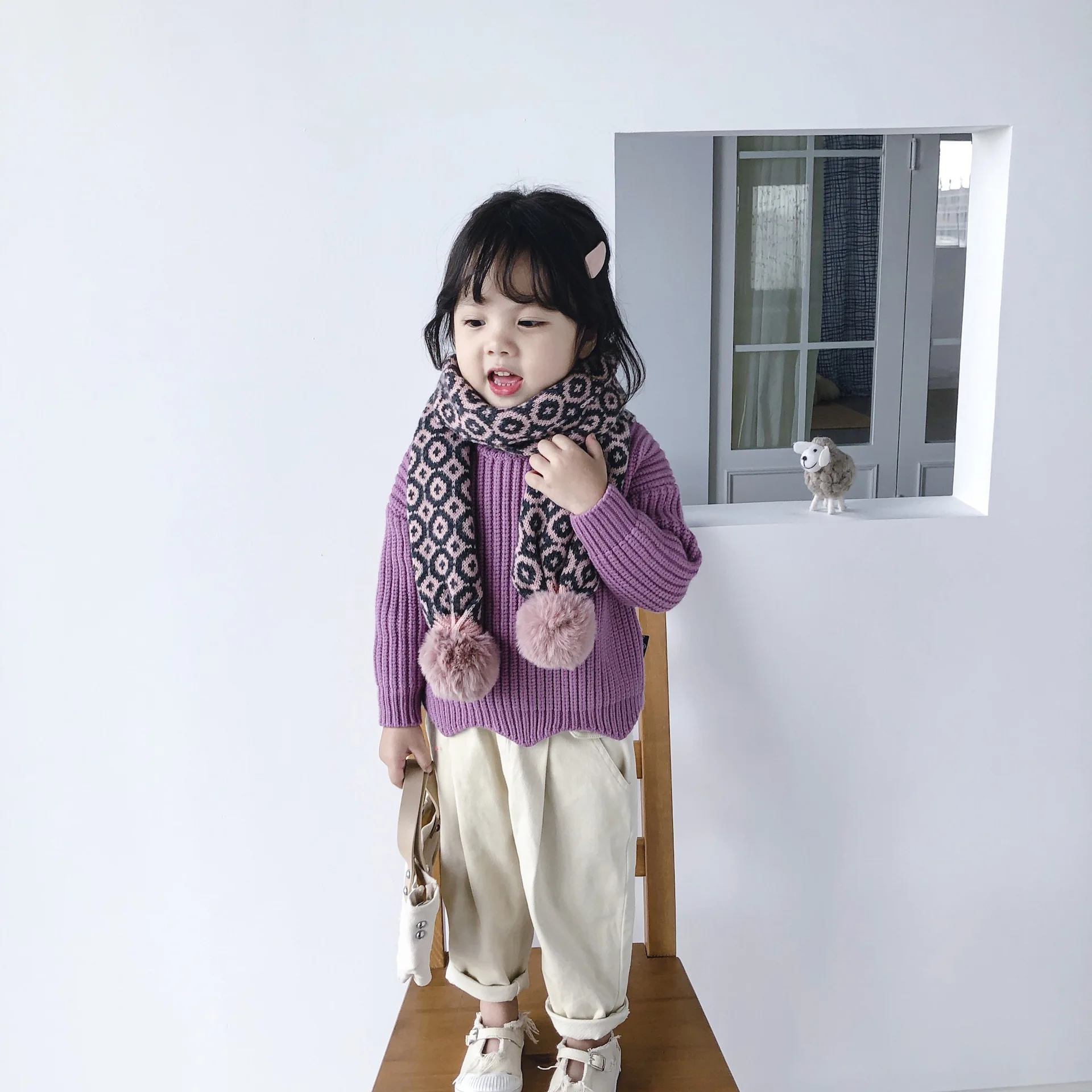 Korean Fashion Vintage Floral Print Winter Scarf Children Fur Ball Cute Knitting Warm Snood Children Neck Scarf Streetwear Shawl