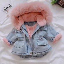 Г. Зимняя джинсовая куртка для маленьких девочек, теплая бархатная верхняя одежда с натуральным мехом для малышей, пальто парка для малышей от 1 до 6 лет ветровка