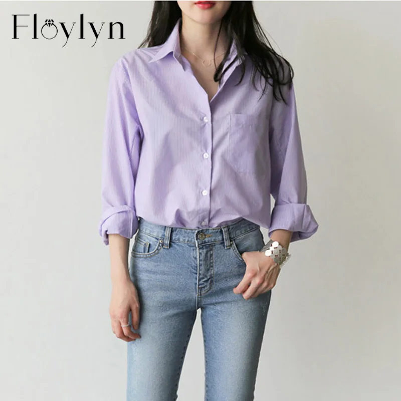 FloyLyn One Pocket Women's Blouse and Tops Turn-down Collar Full Sleeve Women Shirts Light Purple Blusas Mujer De Moda 2020 | Женская