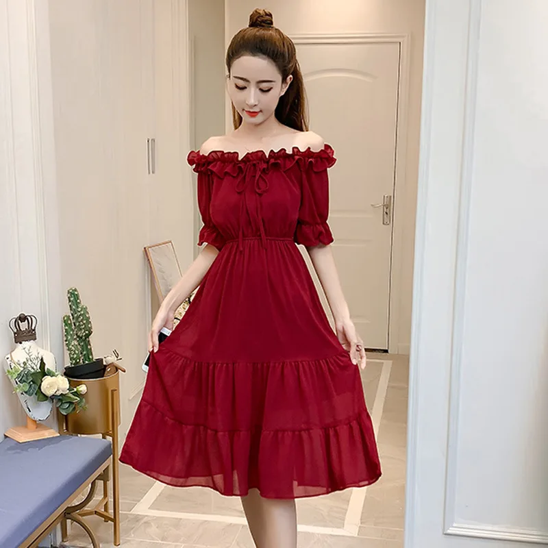 

2019 Jumpsuit Dress off-the-Shoulder xia ji qun Double Purpose Chiffon New Style Versatile Dacron Natural Waist Medium-length Dr