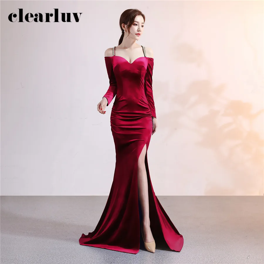 

Evening Dress Sling High Split Formal Dress DX363-2 2020 New Plus Size Long Elegant Prom Dress Long Sleeves Mermaid Evening Gown