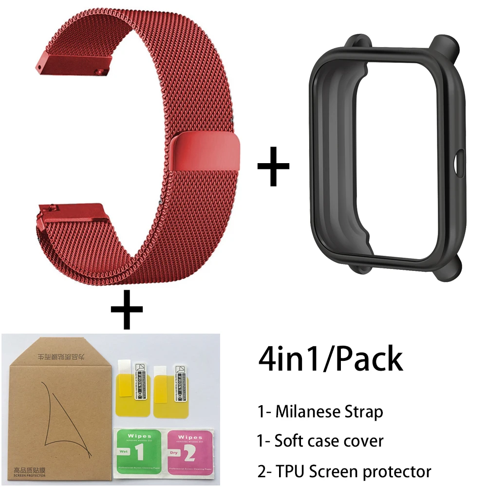 4in1 Smartwatch Accessories For Xiaomi Huami Amazfit Bip Strap Stainless Steel Bracelet Magnet With Plating Case Protector Film - Цвет: Red-Black case