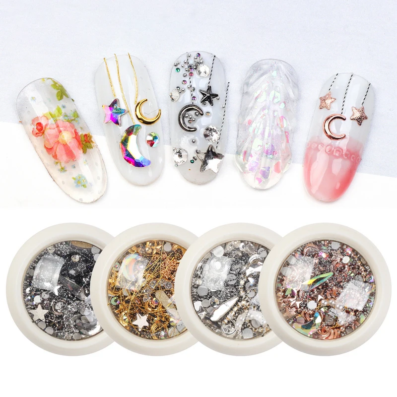 

1 Box 3D Nail Art Decoration Metal Rhinestones Irregular Nail Beads Strip Line Star Moon Chains DIY Design Nail Art Decor