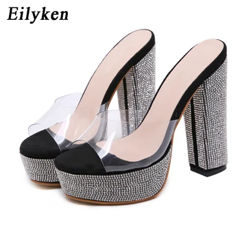 

EilyKen Platform Heels slippers Woman Transparent Slippers Crystal 14cm High Heels Slides Fashion Slip on Pumps Black Apricot
