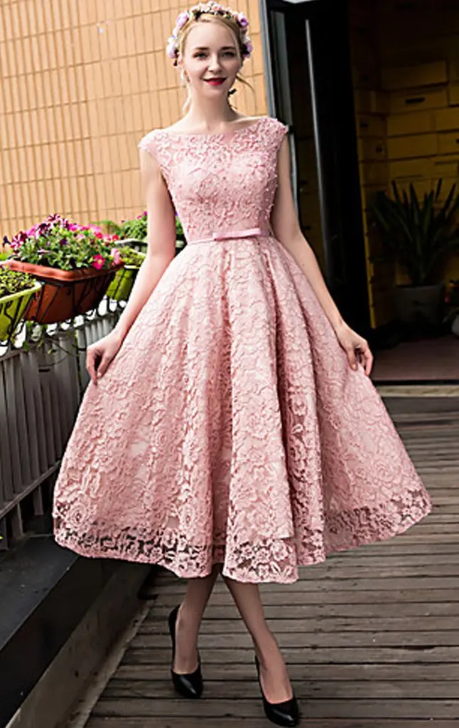 Pink Prom Dresses Lace with Beaded Cap Sleeve A Line Tea Length 2021 Evening Formal Party Gowns Simple vestido de fiesta de noch silver prom dresses Prom Dresses