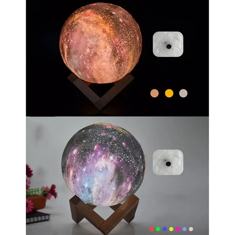 3D Galaxy Moon лампа usb зарядка светодиодный ночник с деревянной подставкой домашний декоративный свет(сенсорное управление, 3 цвета