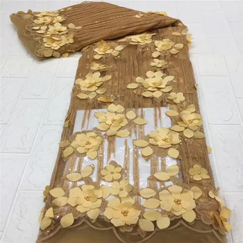 

High Quality African French beads 3d flower yellow Net Lace Fabric For Wedding Latest Organza Nigerian Lace Fabrics Sewing