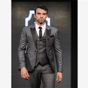 

The Latest Coat Pant Designs Grey Skinny Men Suit Formal Stage Prom Simple Marriage Tuxedo 3 Piece Mens suits(Jacket+Pants+Vest)