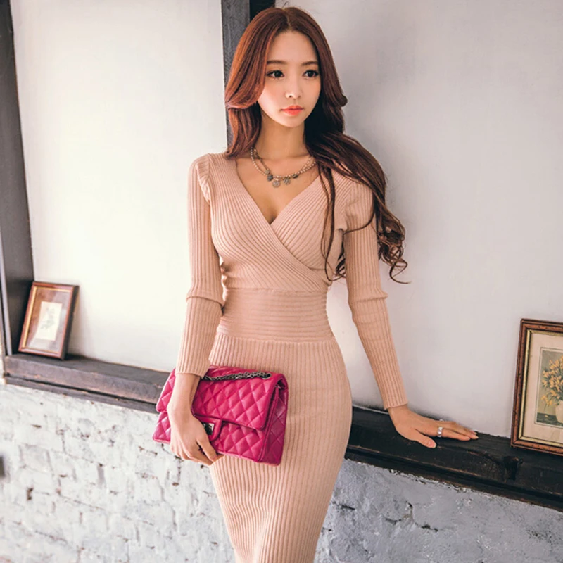 

Autumn Winter Sweater Dress Women Elegant Long Midi Dress Loose Party Bodycorn Dress Sexy Knitted Dress Office Lady Harajuku