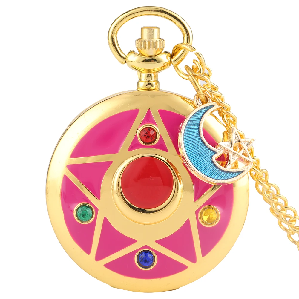 Delicate Five pointed Star Case Cover Pocket Watch for Girls Yellow Dial Neckalce Blue Moon Pendant 5