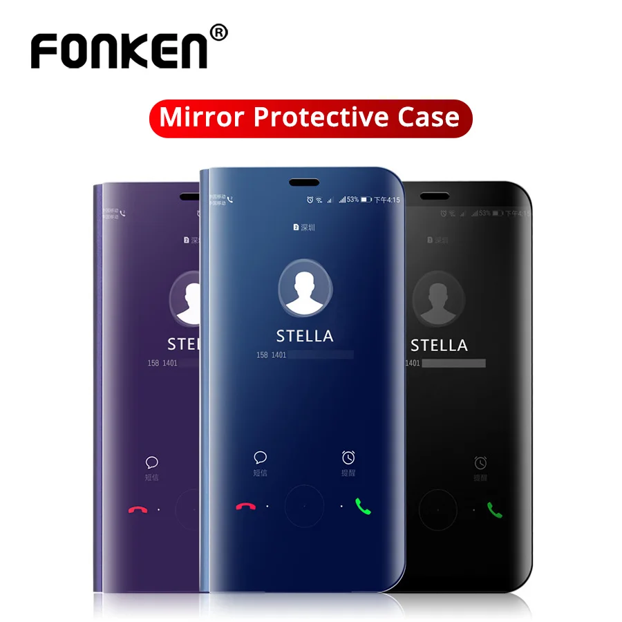 Mirror Flip Phone Case For Samsung Galaxy S8 S10 Note9 Cover Thin Clamshell Smart Call Answer Phone Holder Stand Glass Cases