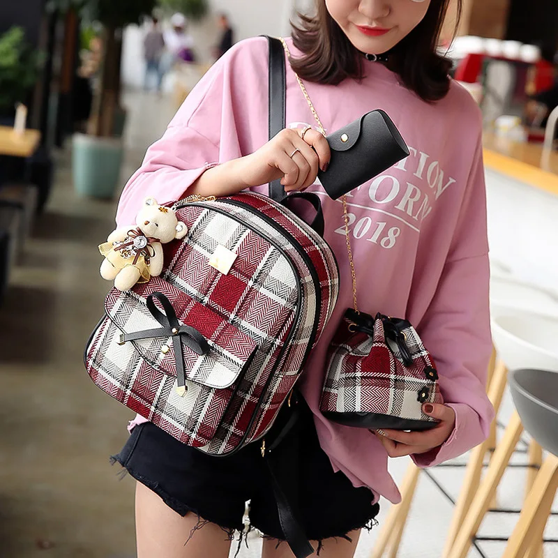 

Korean-style Picture Backpack Pattern Color PU Leather Picture Three-piece Set Backpack Cute Bear Backpack