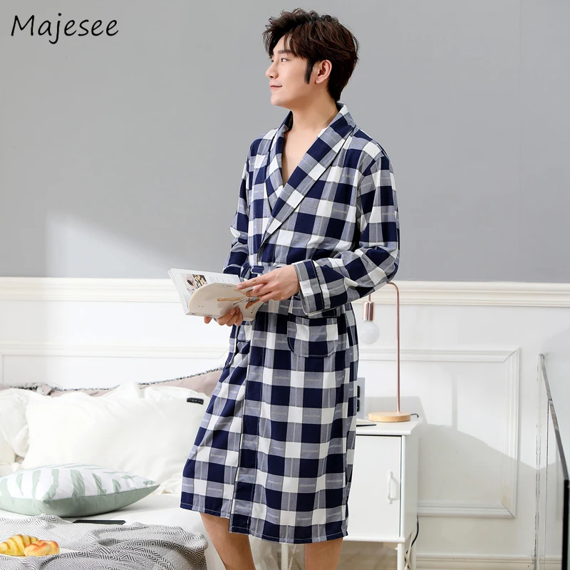 Мужской Халат Harajuku универсальные простые дышащие мужские халаты длинный рукав ремень высокое качество плед удобная мужская домашняя одежда