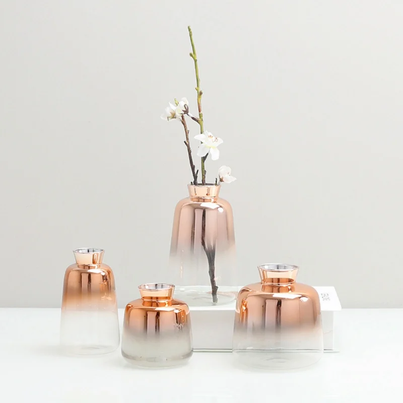 Стеклянная ваза в скандинавском стиле с градиентом для домашнего рабочего стола, декоративная ваза, простой контейнер для растений, ваза для украшения интерьера из розового золота