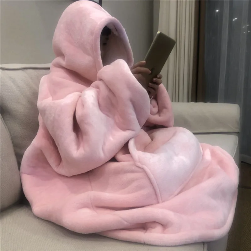 

Winter Warm TV Pocket Hooded Blankets Adults Bathrobe Sofa Cozy Hoodie Blanket Sweatshirt Plush Coral Fleece Blankets Outwears