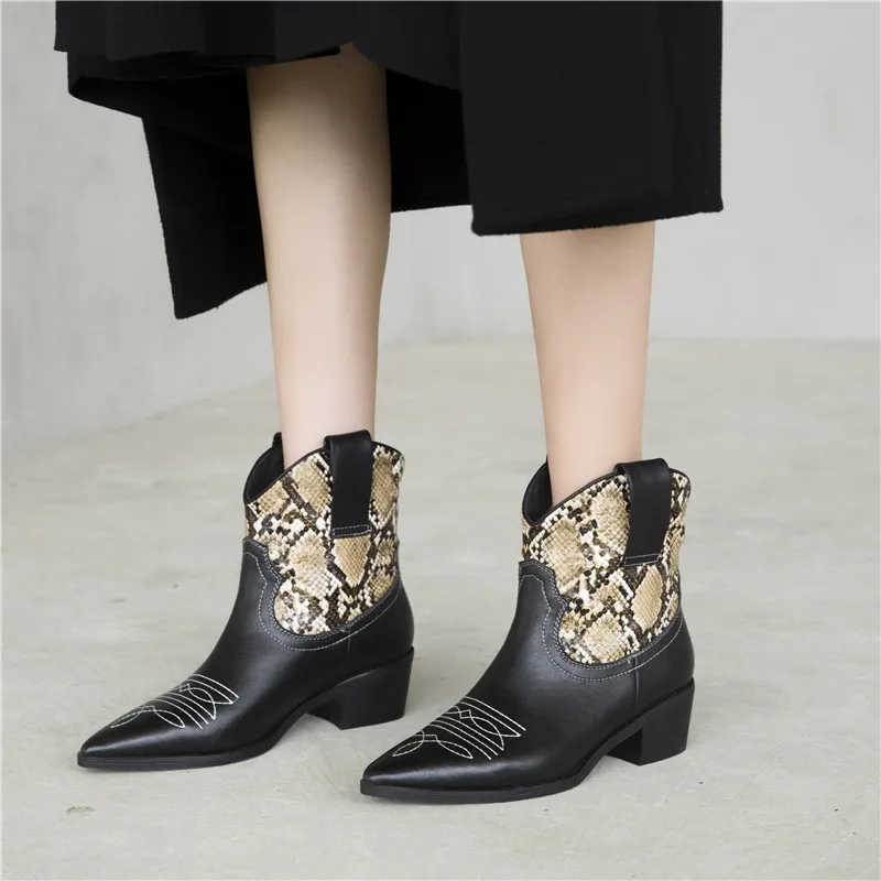 

KEAIQIANJIN Winter Women's Genuine Leather Ankle Boots Woman High Heels Shoes Martin Boots Snakeskin Pattern Chelsea Boots 2019