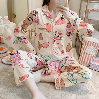 

Autumn Long Sleeve Women Pajamas Set Cardigan Lapel Cartoon Coffee Cat Female Pyjamas Set Winter Women Sleep Wear 2 Piece Suit