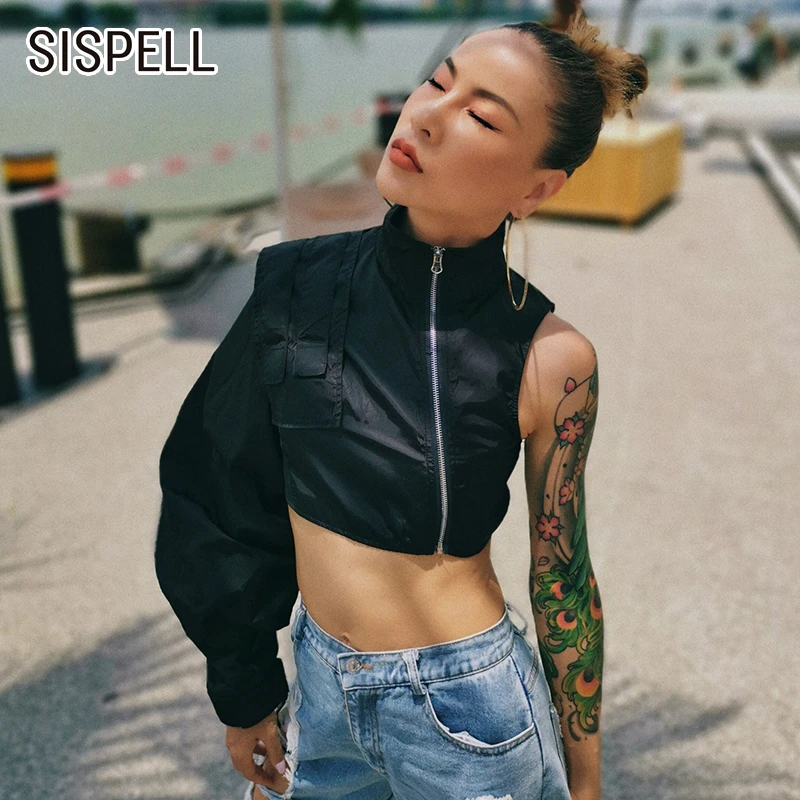 

SISPELL Asymmetrical Female Jacket Stand Collar Off Shoulder Lantern Long Sleeve Irregular Crop Jackets Female 2019 Fashion New